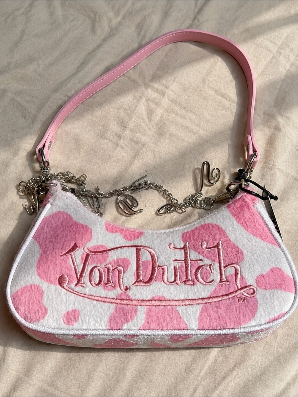 Von Dutch Pink & White Cow-Print Shoulder Bag